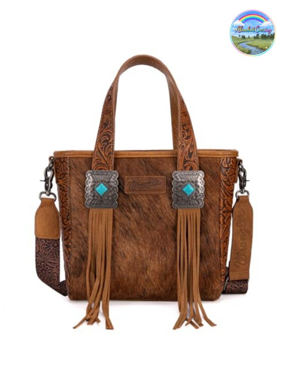 Western Tooled Cowhide Tote Handbag with Fringe & Turquoise Concho